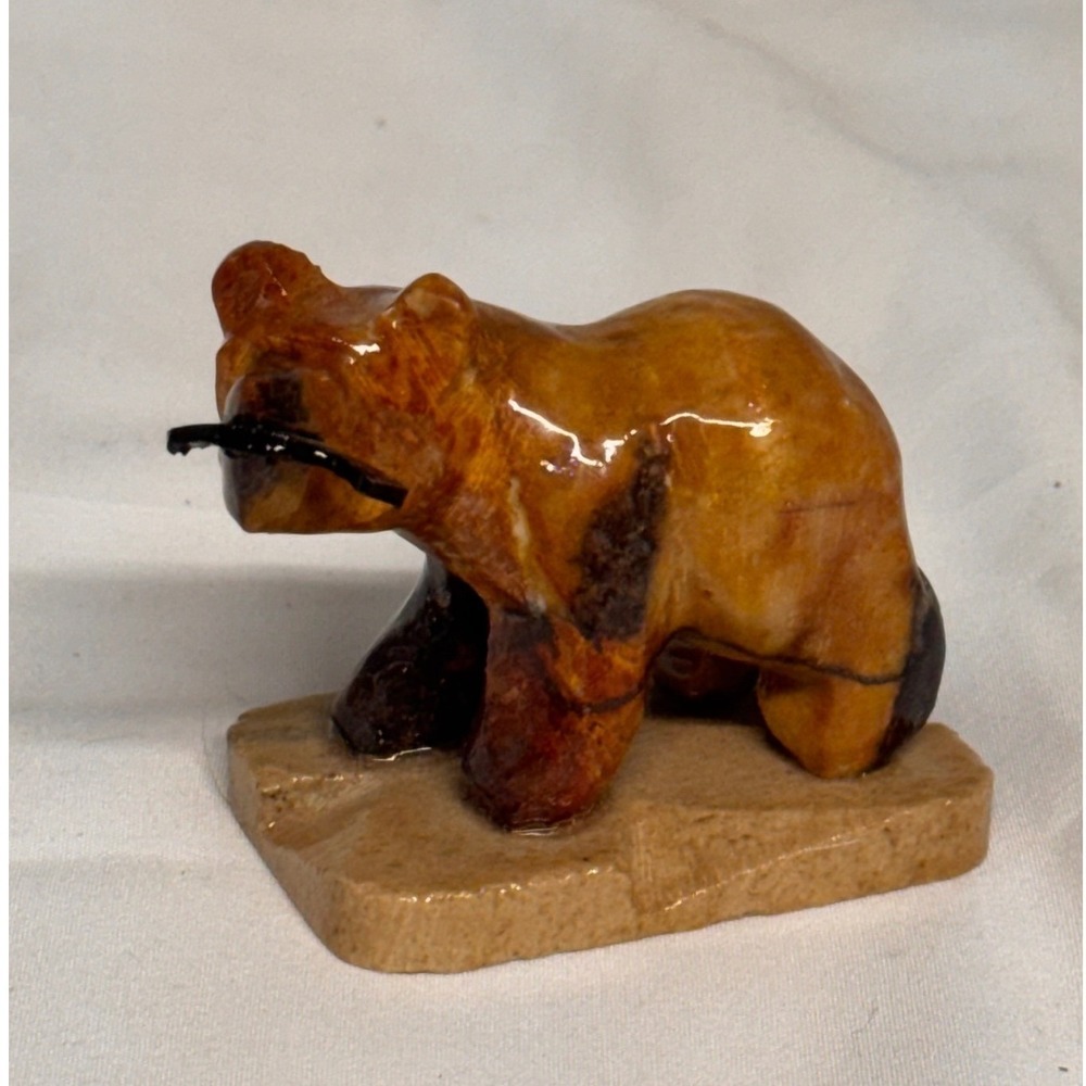 Hand Carved Stone Grizzly Bear Figurine with Fish Wildlife Sculpture Brown 2"